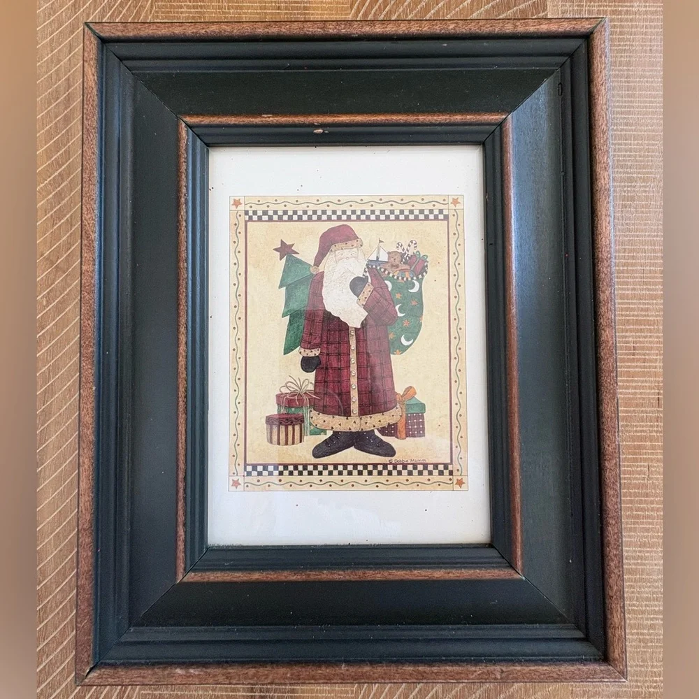 Vtg Folk Art Santa Claus Prints by Debbie Mumm 1990's Dark Green Wood Frame (2)